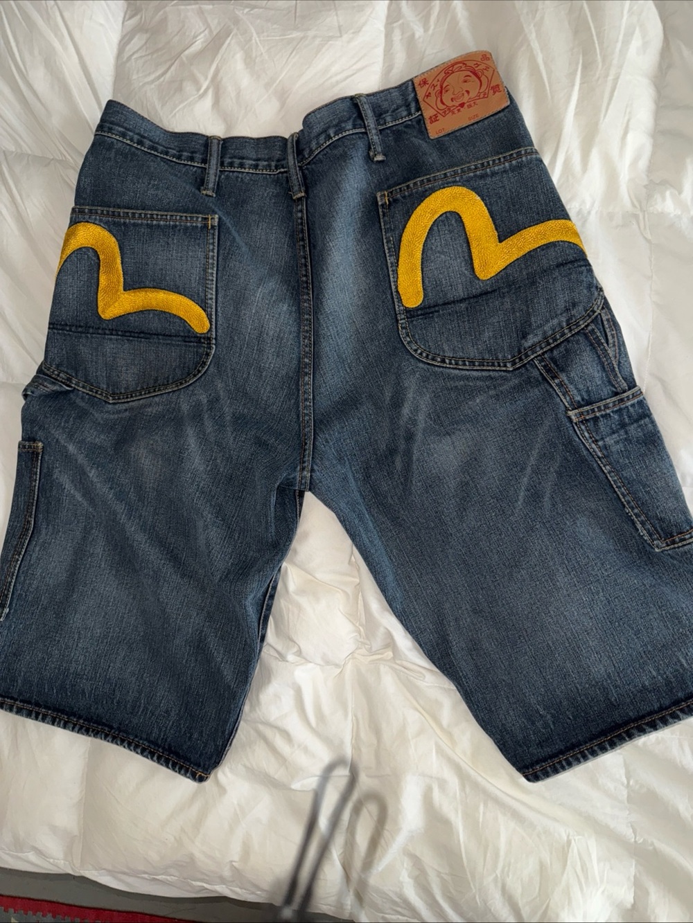 Denim Carpenter Shorts with Yellow Pocket Accents